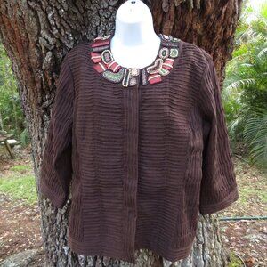 Chicos 2 Womans 3/4 Sleeve Top Beaded Organic Textured Med 12